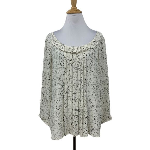 Loft Ann Taylor Pintuck Blouse Womens S Small Cream Ruffle Neck Polka Dot Sheer - Picture 1 of 13